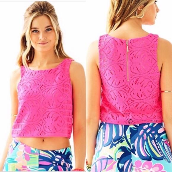 Lilly Pulitzer Cindi Hot Pink Electric Lace Crop Top size XL - Picture 1 of 8